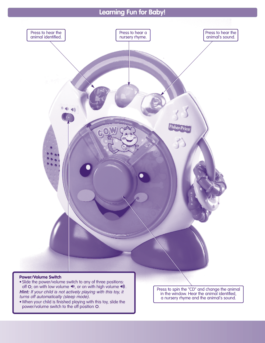 Fisher-Price H6319 instruction sheet Learning Fun for Baby, Power/Volume Switch 