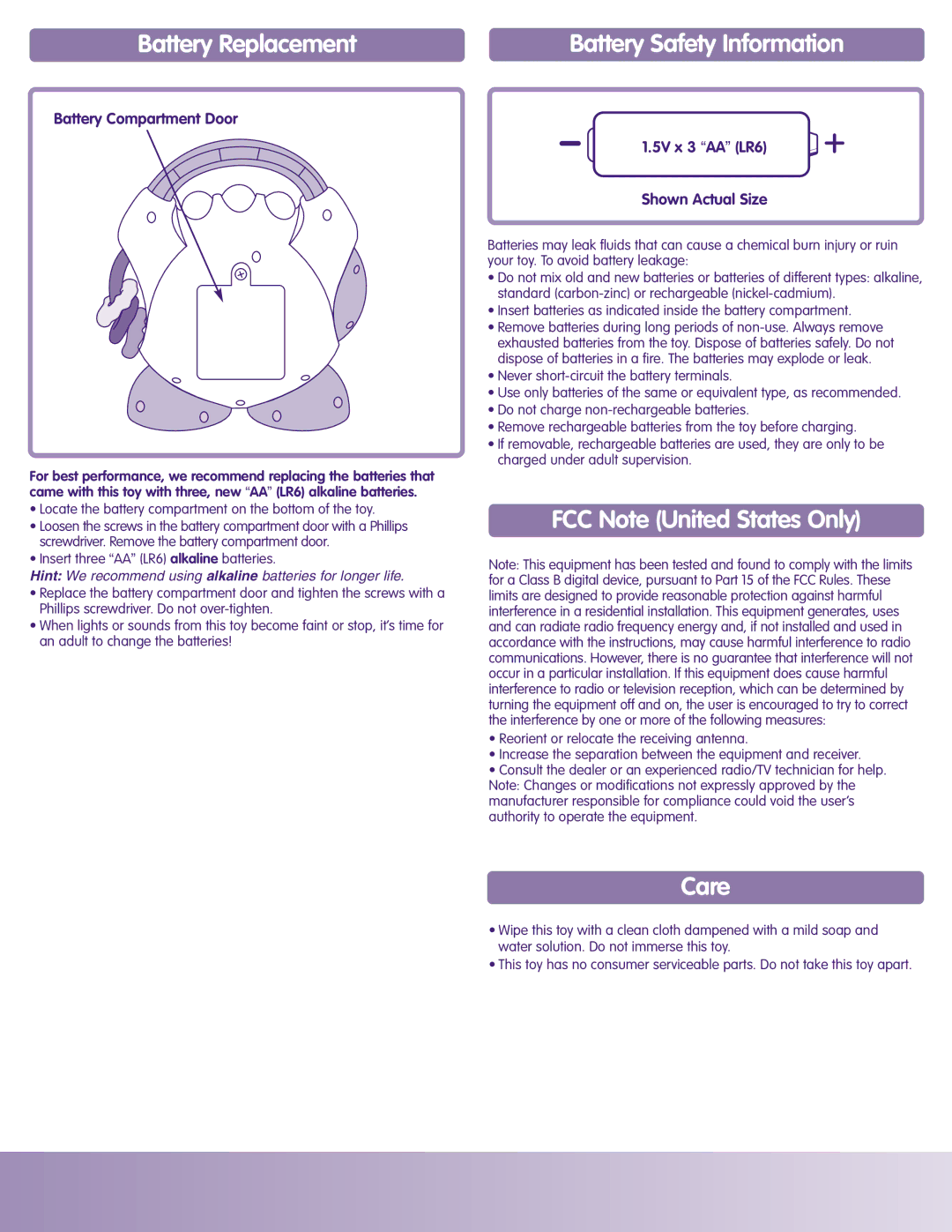 Fisher-Price H6319 instruction sheet Battery Replacement, FCC Note United States Only, Care, Battery Compartment Door 