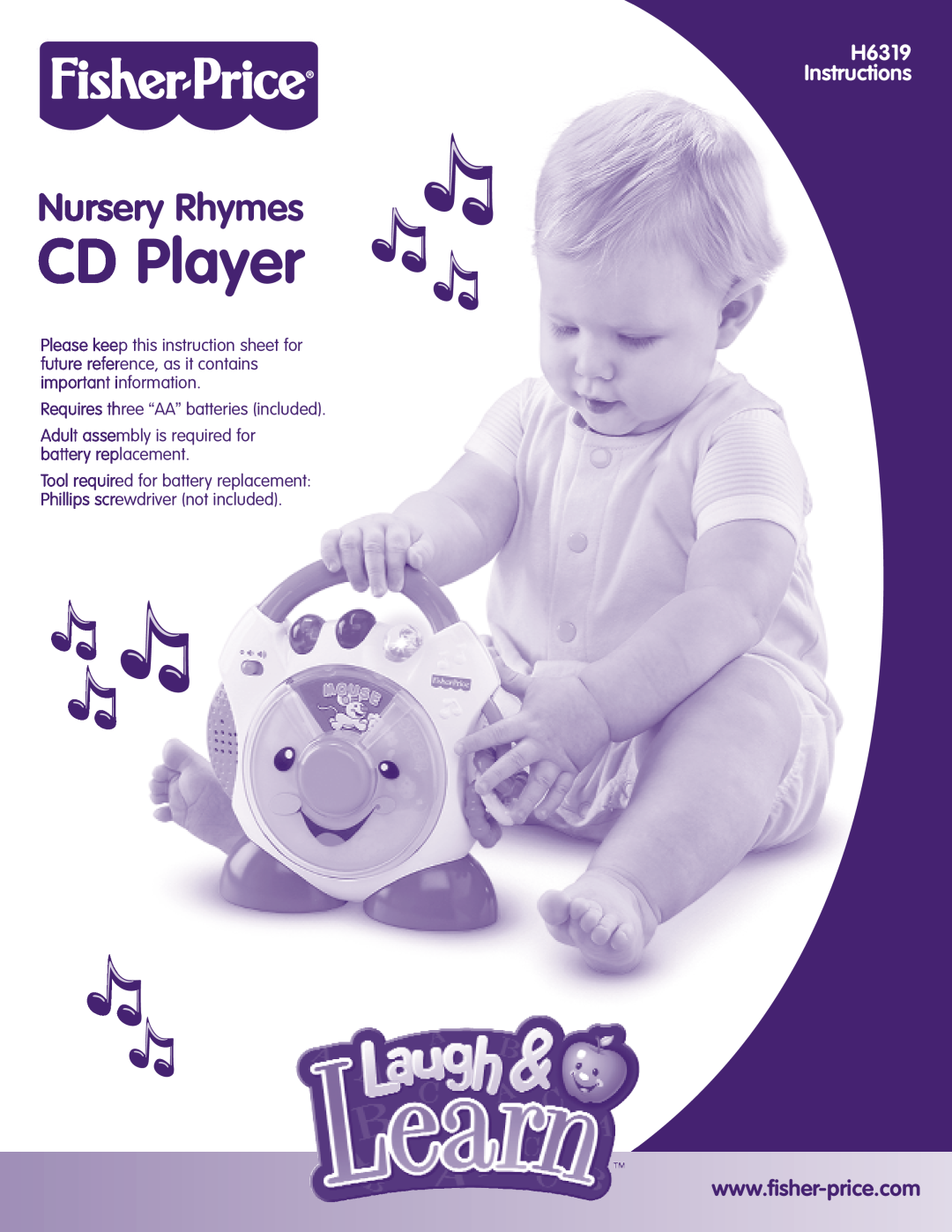 Fisher-Price instruction sheet CD Player, Nursery Rhymes, H6319 Instructions, Requires three “AA” batteries included 