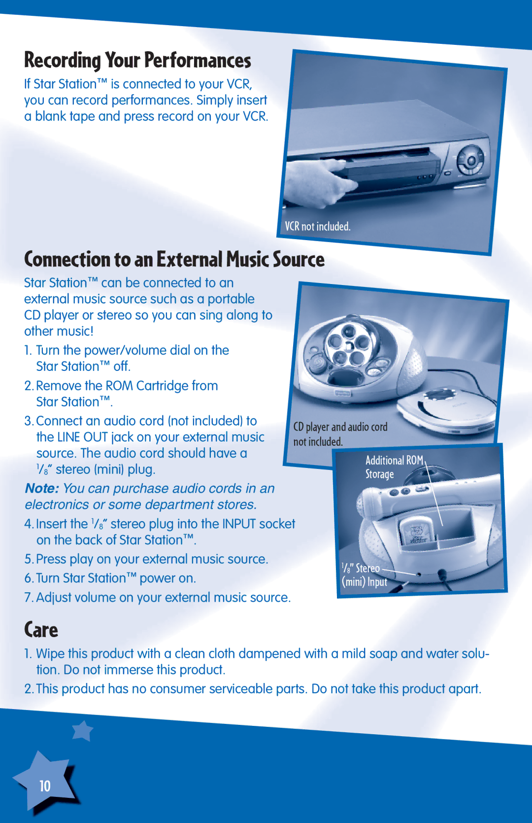 Fisher-Price H6723, J5971 instruction sheet Recording Your Performances, Connection to an External Music Source, Care 