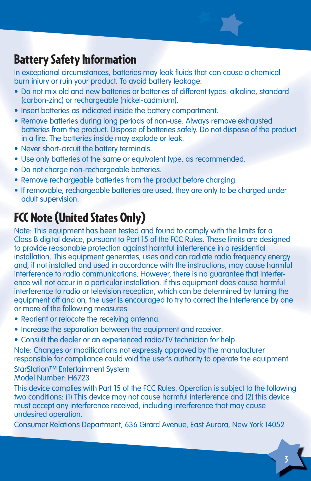 Fisher-Price J5971, H6723 instruction sheet Battery Safety Information, FCC Note United States Only 