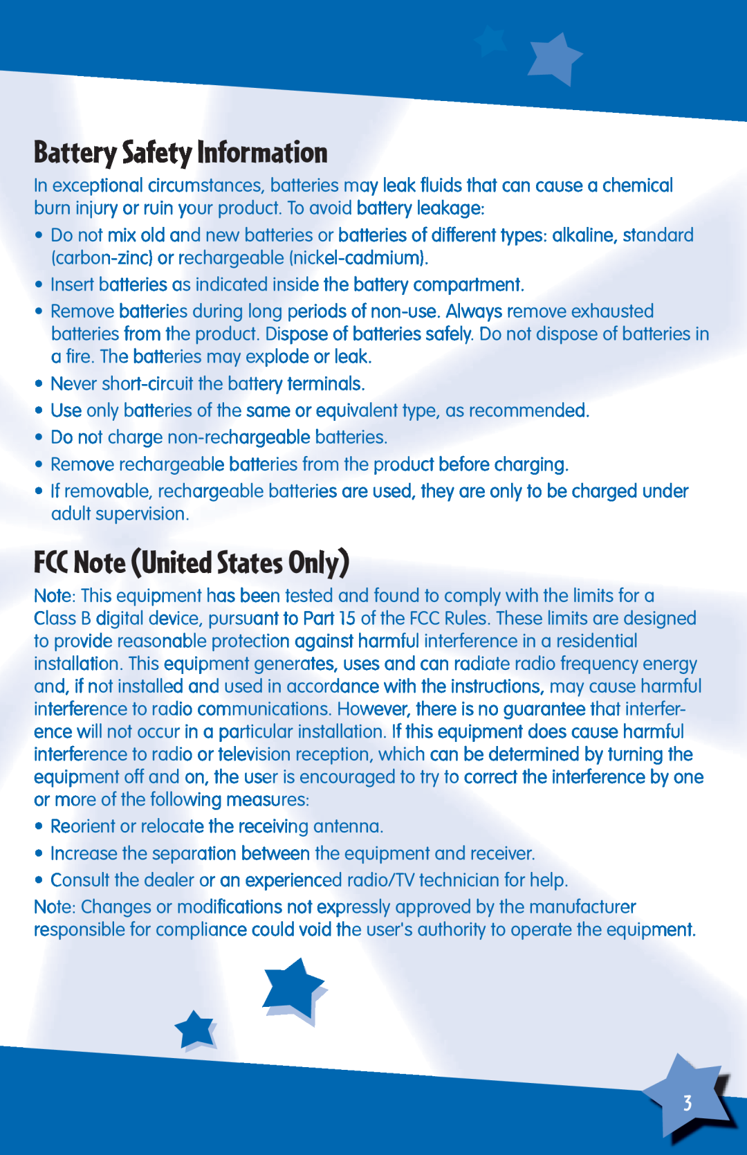 Fisher-Price H6723 instruction sheet Battery Safety Information, FCC Note United States Only 
