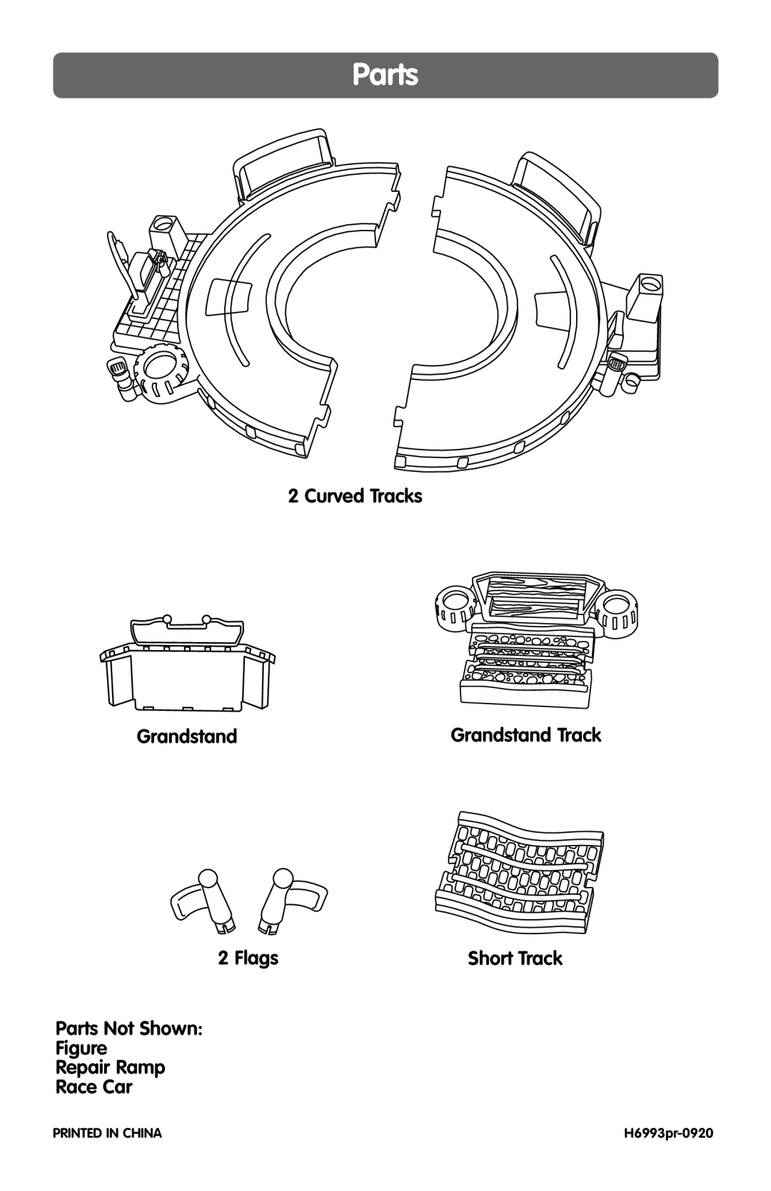 Fisher-Price H6993 instruction sheet Curved Tracks Grandstand, Flags, Parts Not Shown Repair Ramp Race Car 