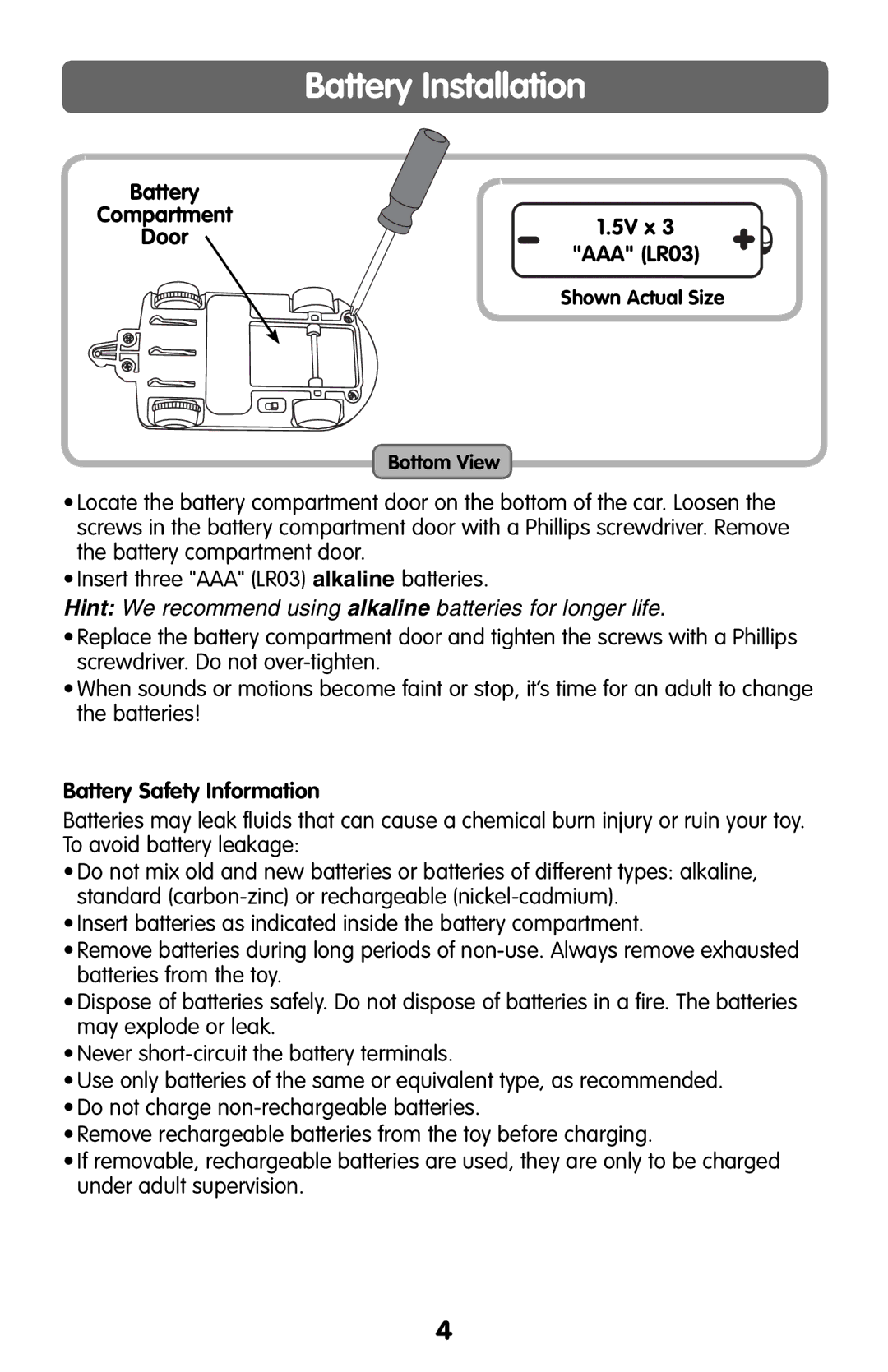 Fisher-Price H6993 Battery Installation, Battery Compartment Door1.5V x AAA LR03, Battery Safety Information 