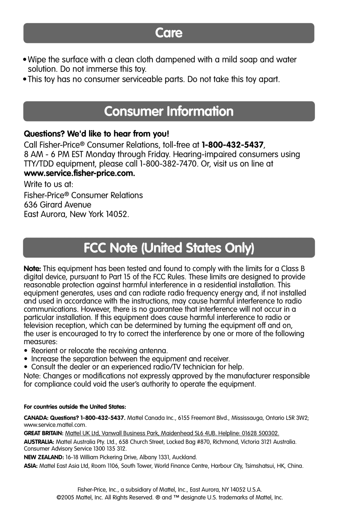 Fisher-Price H6993 Care, Consumer Information, FCC Note United States Only, Questions? Wed like to hear from you 