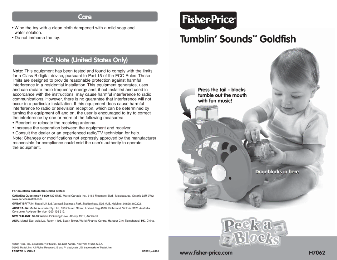 Fisher-Price H7062 manual Care, FCC Note United States Only 