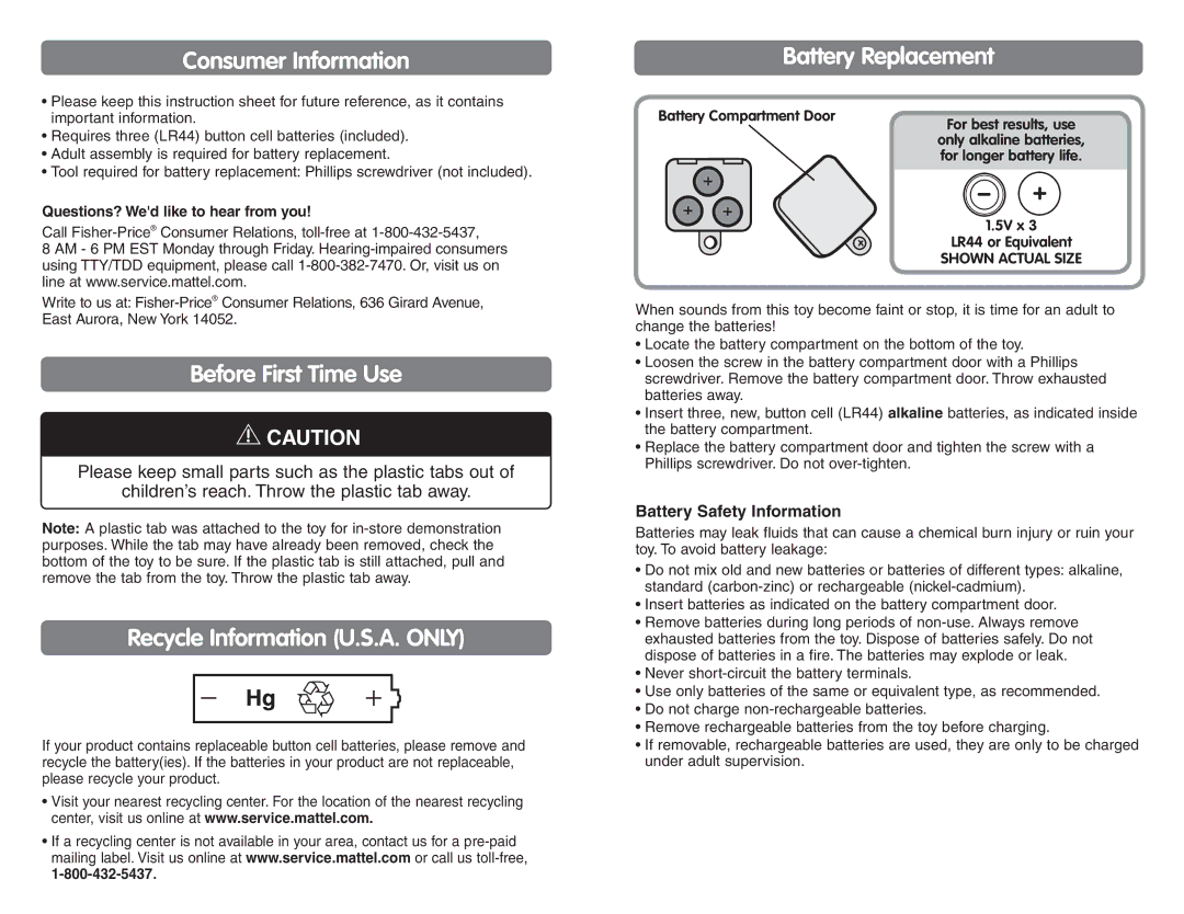 Fisher-Price H7062 manual Consumer Information, Before First Time Use, Recycle Information U.S.A. only, Battery Replacement 