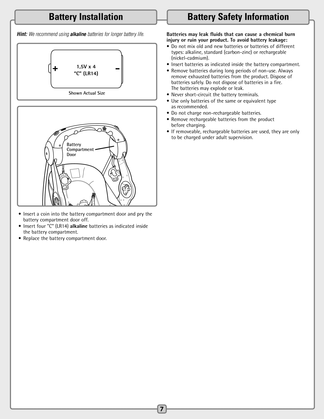 Fisher-Price H7181 manual Battery Installation, Battery Safety Information, 5V x LR14 