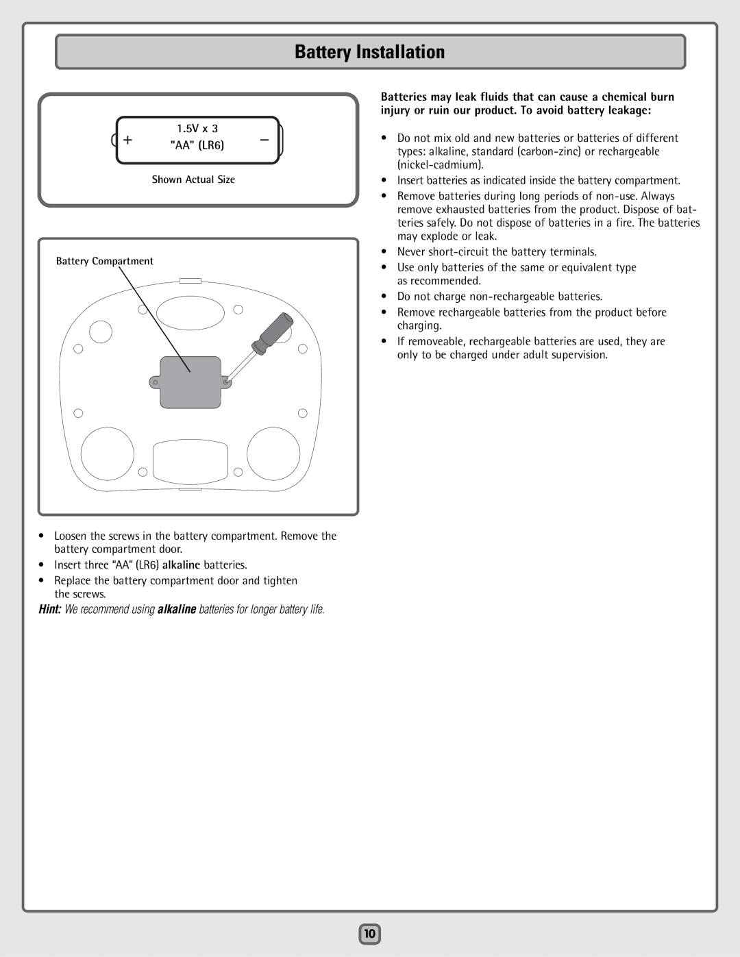 Fisher-Price H7182 manual Battery Installation 