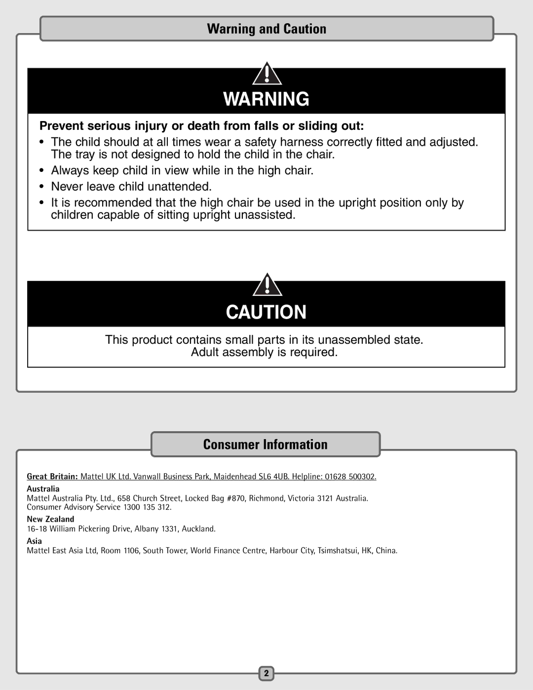 Fisher-Price H7182 manual Consumer Information, Prevent serious injury or death from falls or sliding out 