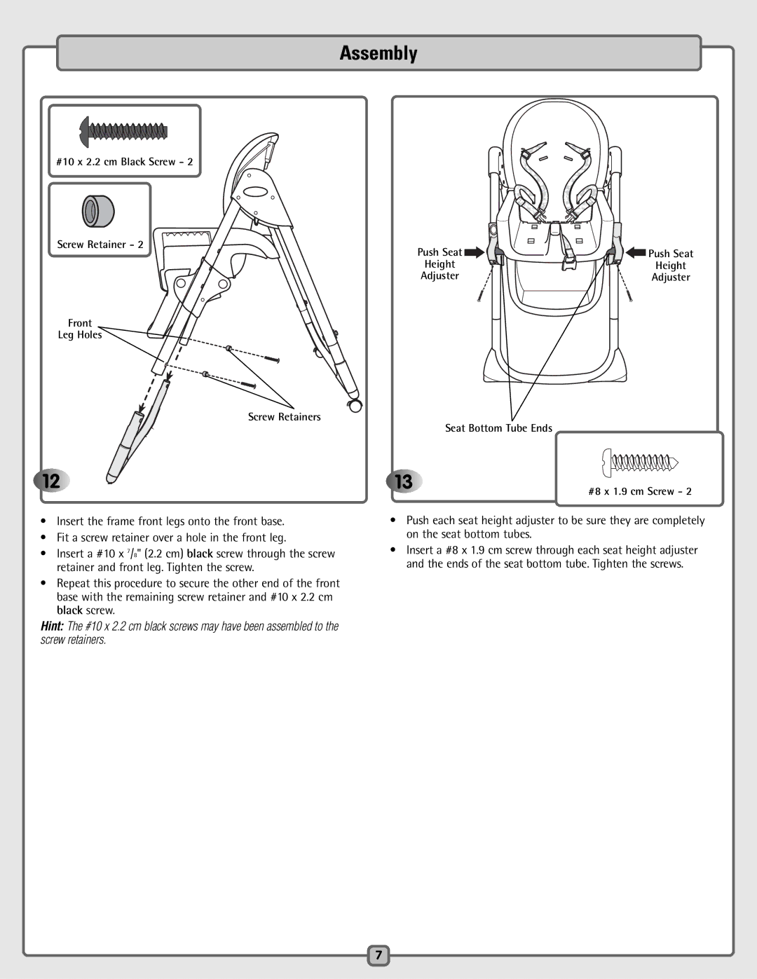 Fisher-Price H7182 manual Seat Bottom Tube Ends #8 x 1.9 cm Screw 
