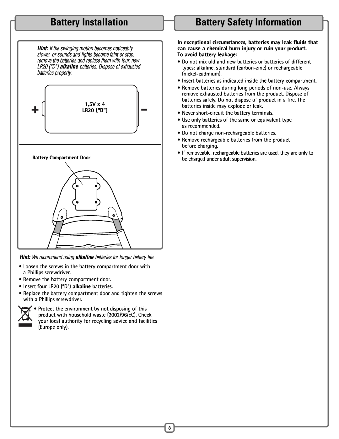 Fisher-Price H7185 manual Battery Installation, Battery Safety Information, 1,5V x LR20 “D”, To avoid battery leakage 