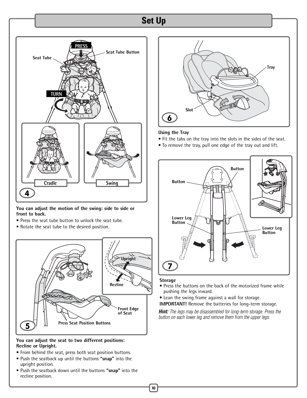 Fisher-Price H7185 manual Cradle, Using the Tray, Storage 