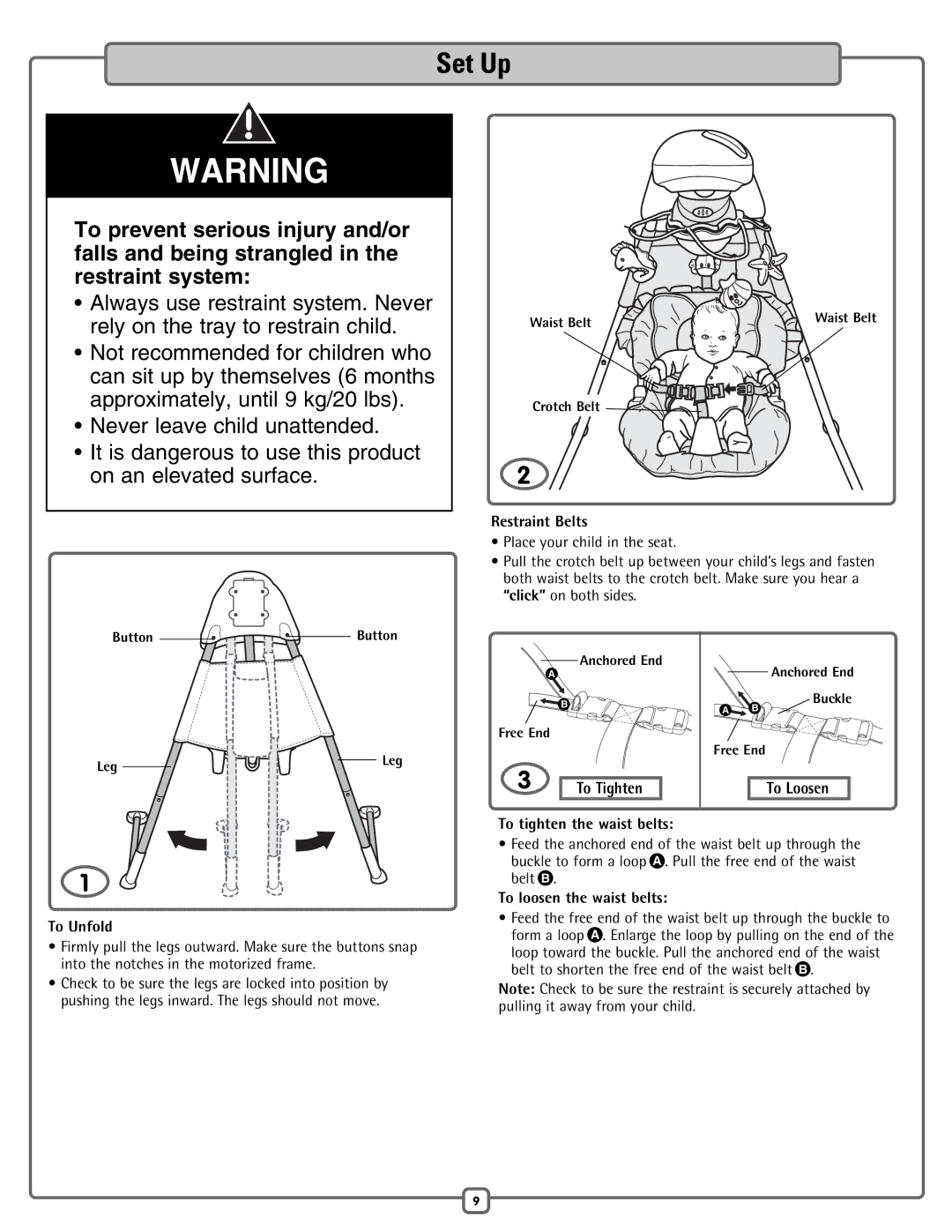 Fisher-Price H7185 manual Set Up, To Tighten, To Loosen 