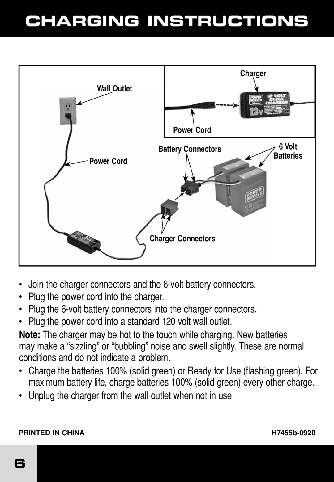 Fisher-Price H7455 manual Unplug the charger from the wall outlet when not in use 