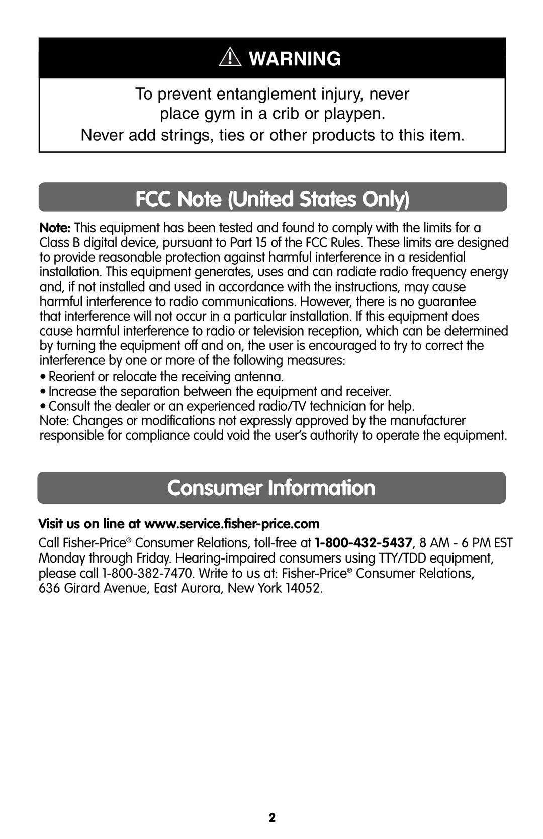 Fisher-Price H8094 instruction sheet FCC Note United States Only, Consumer Information 