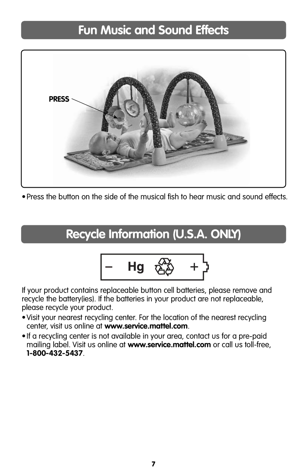 Fisher-Price H8094 instruction sheet Fun Music and Sound Effects, Recycle Information U.S.A. only 