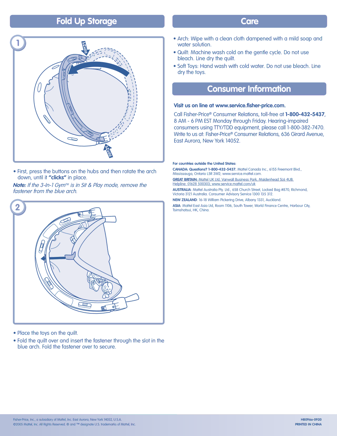 Fisher-Price H8096 instruction sheet Fold Up Storage, Consumer Information 