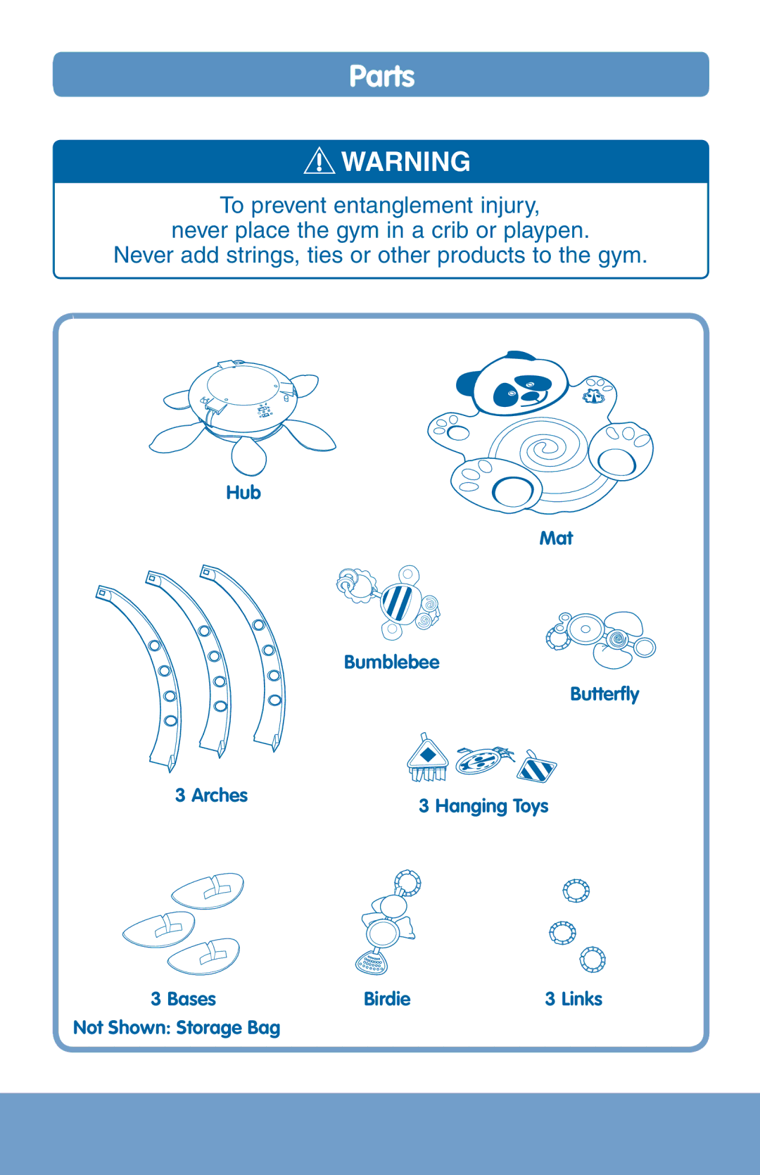 Fisher-Price H8102 instruction sheet Parts, Hub Mat Bumblebee Butterfly Arches, Bases Birdie, Not Shown Storage Bag 