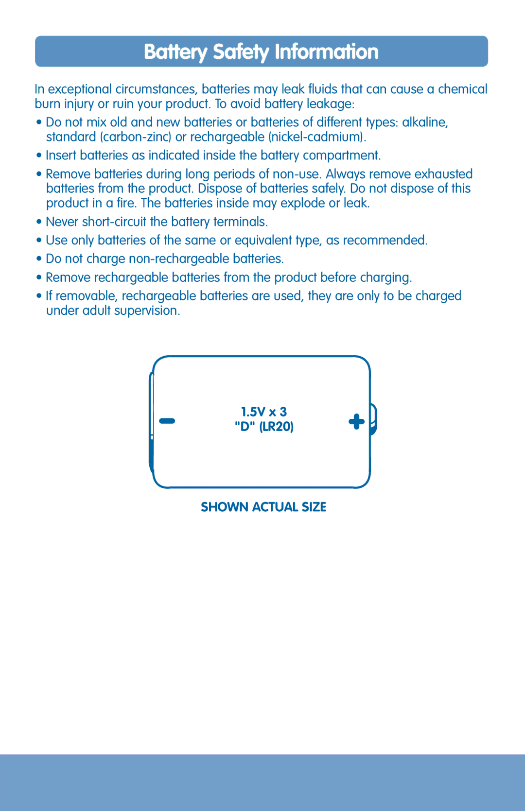 Fisher-Price H8102 instruction sheet Battery Safety Information, 5V x LR20 