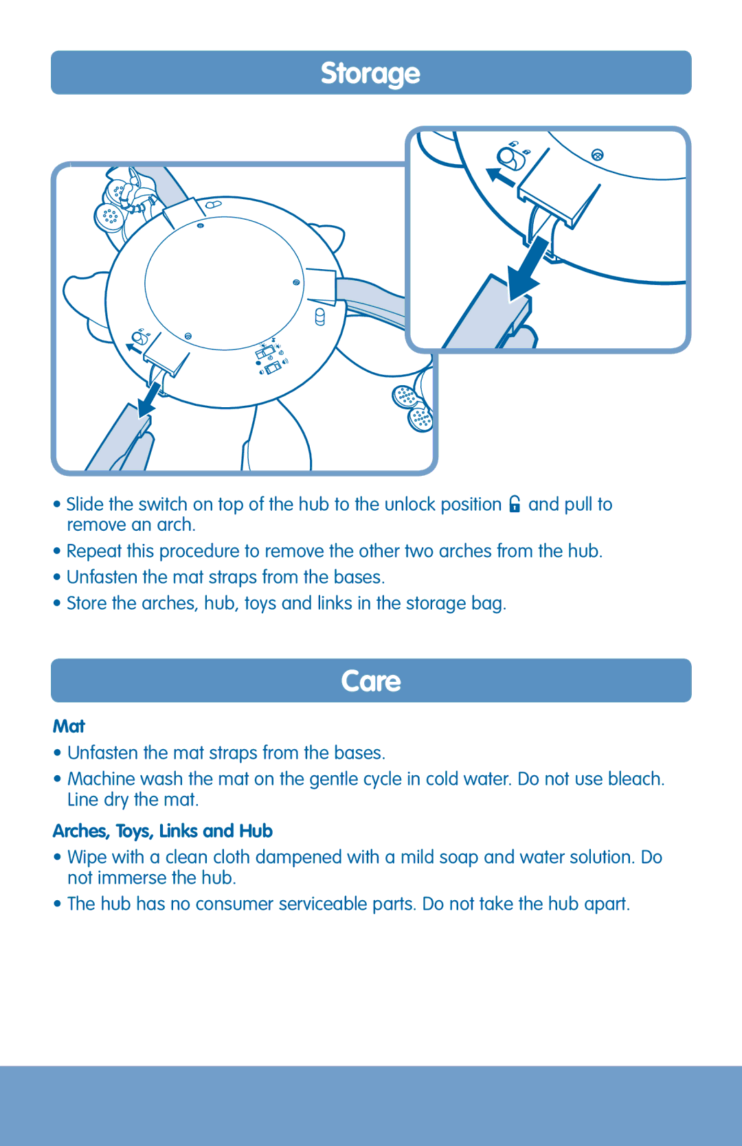Fisher-Price H8102 instruction sheet Storage, Care, Arches, Toys, Links and Hub 