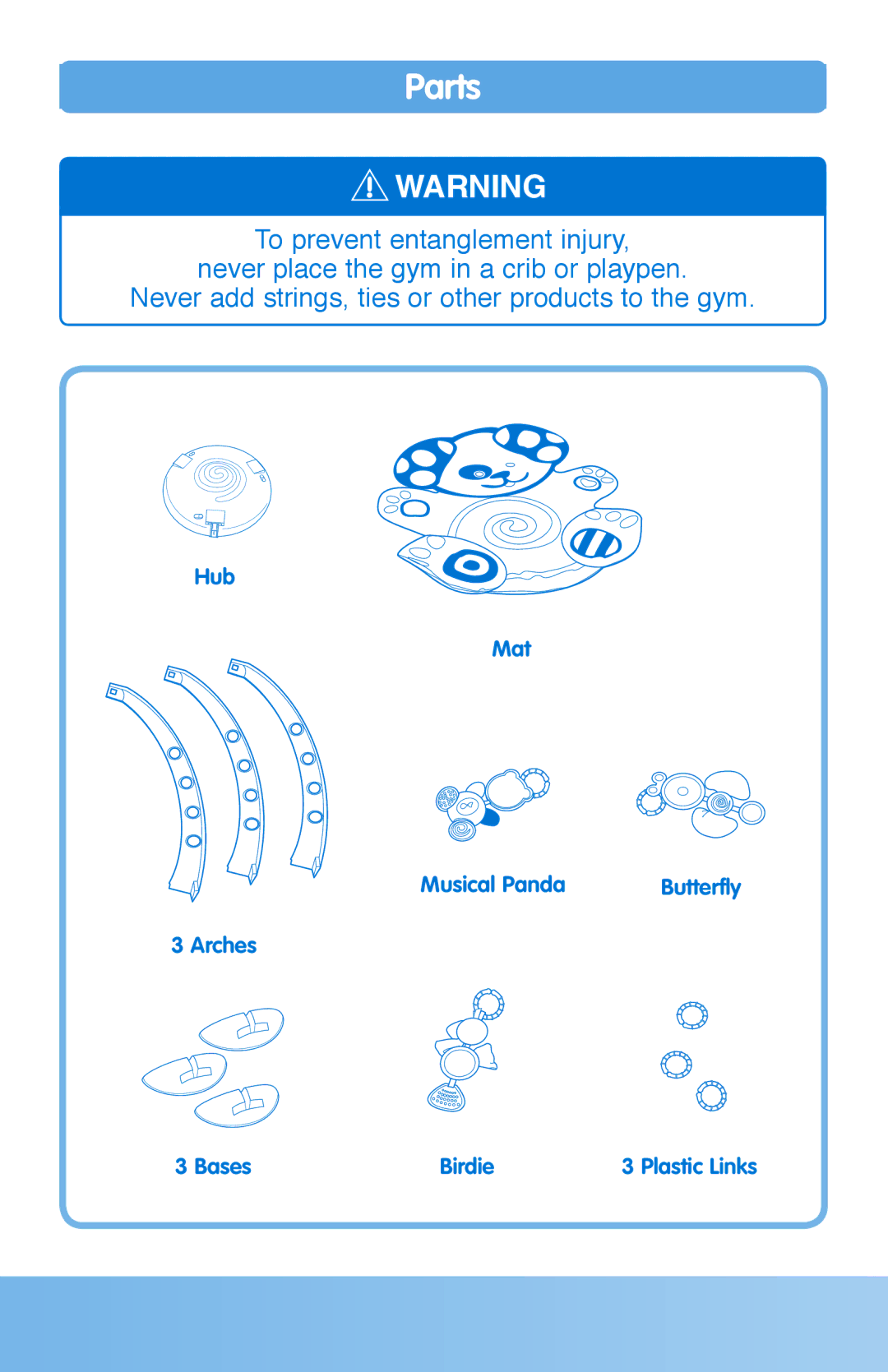 Fisher-Price H8268 instruction sheet Parts, Hub Mat Musical Panda, Arches Bases Birdie 