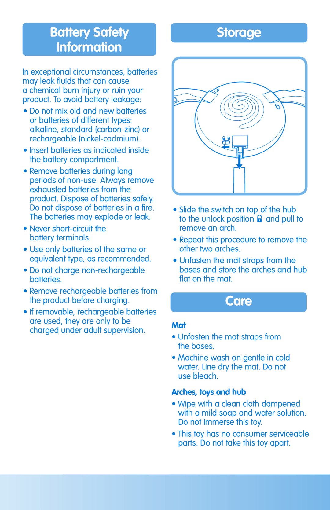 Fisher-Price H8268 instruction sheet Care, Battery Safety Storage Information, Arches, toys and hub 