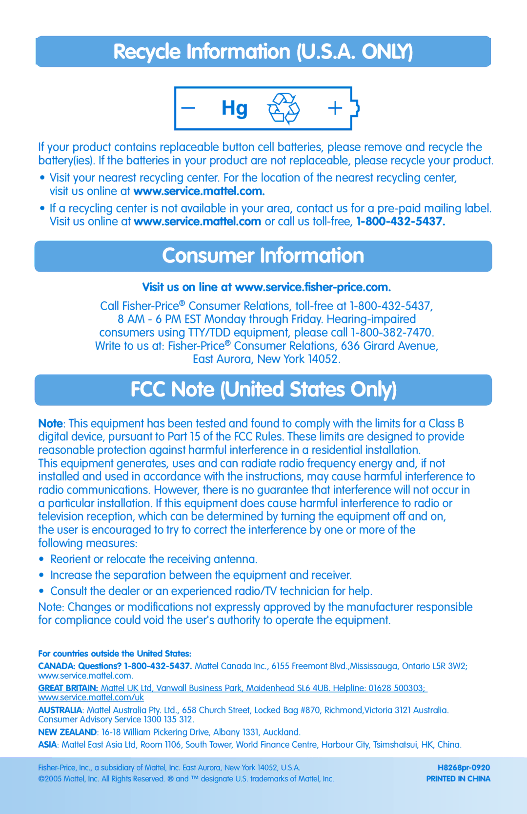 Fisher-Price H8268 instruction sheet Recycle Information U.S.A. only, Consumer Information, FCC Note United States Only 