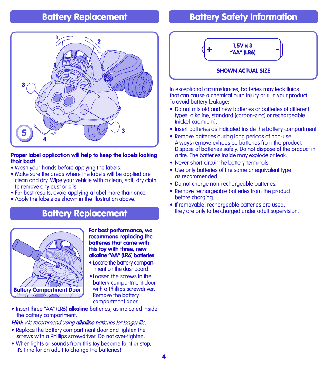 Fisher-Price H8589 instruction sheet Battery Replacement, Battery Safety Information, 5V x AA LR6, Battery Compartment Door 