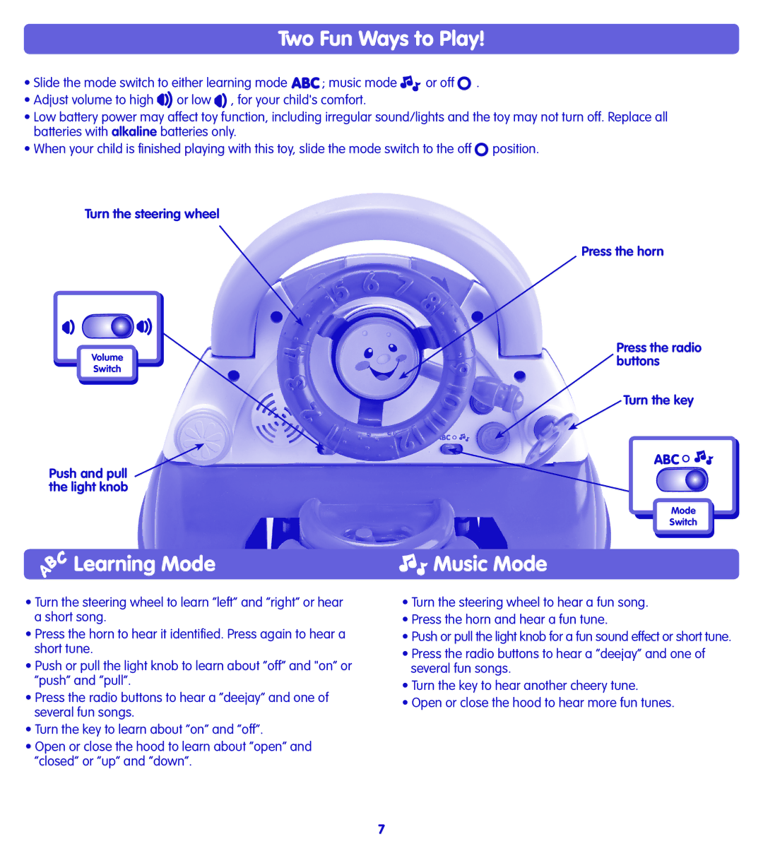 Fisher-Price H8589 instruction sheet Two Fun Ways to Play, Learning Mode, Music Mode 