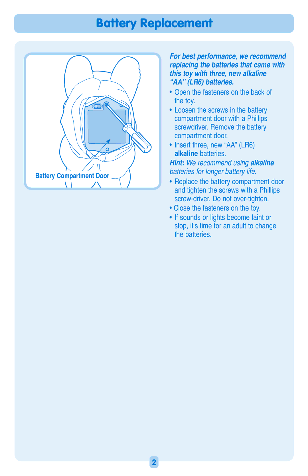 Fisher-Price H8872 instruction sheet Battery Replacement, Open the fasteners on the back of the toy 