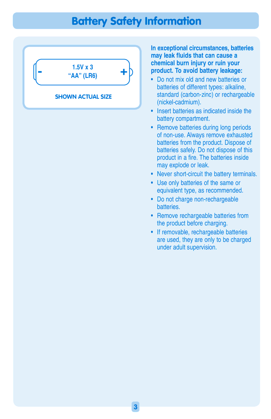 Fisher-Price H8872 instruction sheet Battery Safety Information, 5V x AA LR6, Do not charge non-rechargeable batteries 