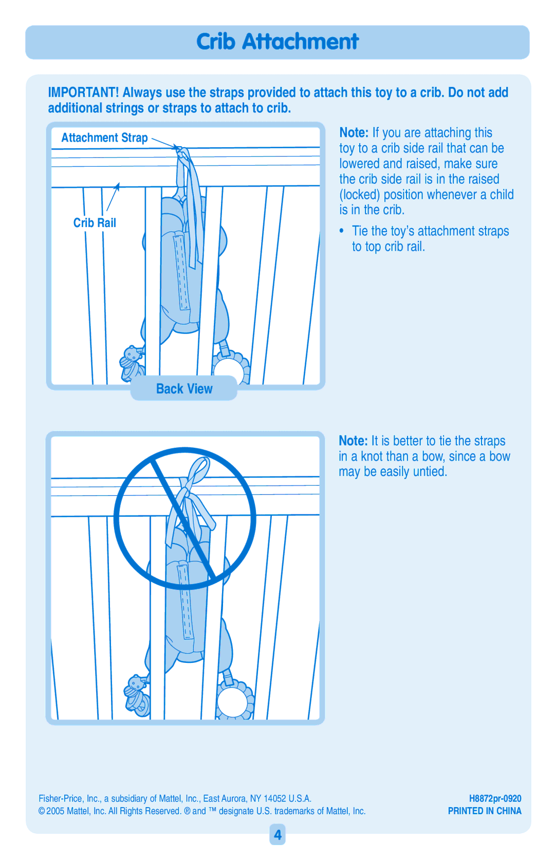 Fisher-Price H8872 instruction sheet Crib Attachment, Back View, Tie the toy’s attachment straps to top crib rail 