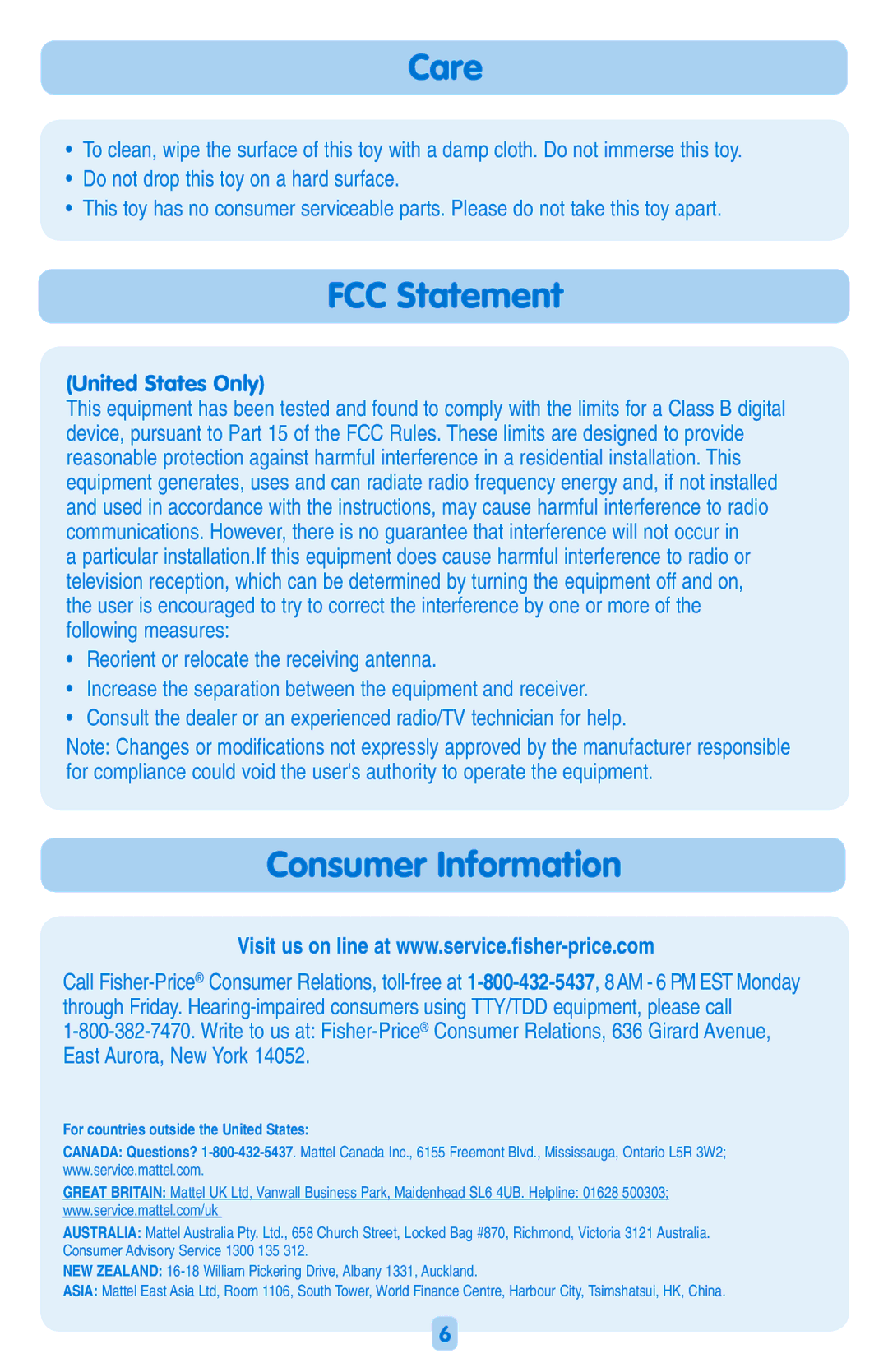 Fisher-Price H8872 instruction sheet Care, FCC Statement, Consumer Information 