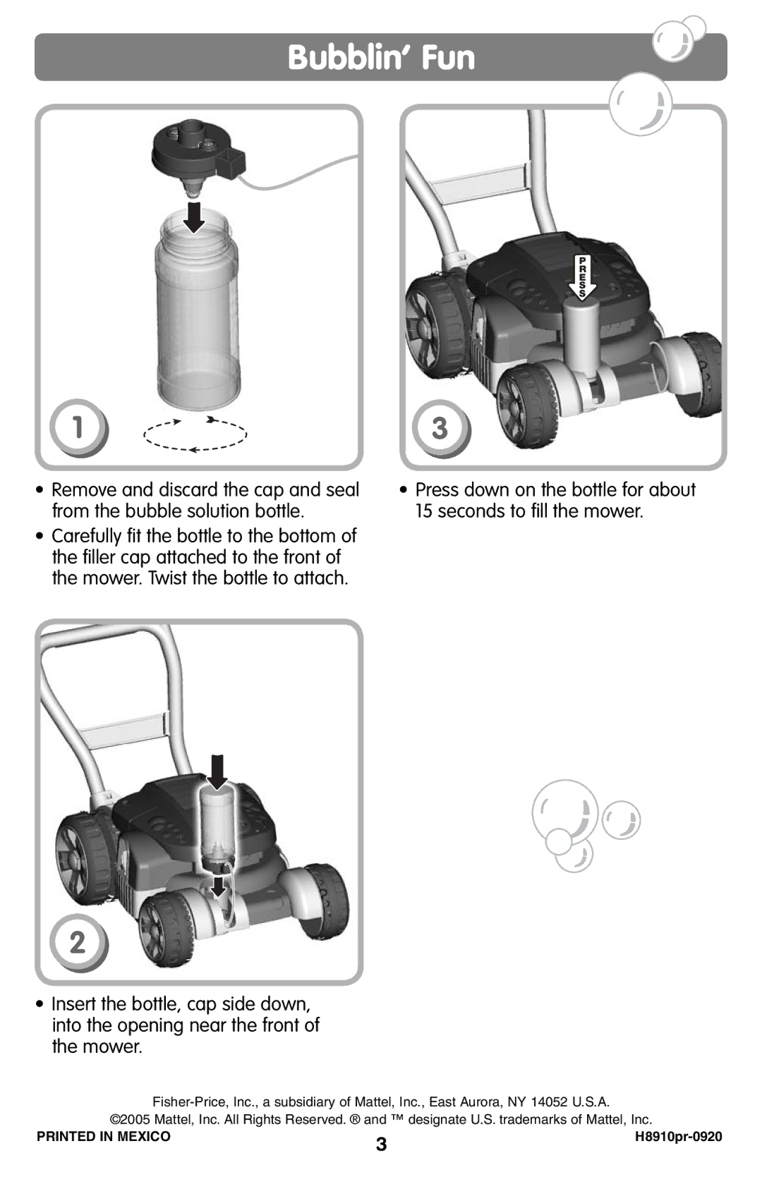 Fisher-Price H8910 instruction sheet Bubblin’ Fun 