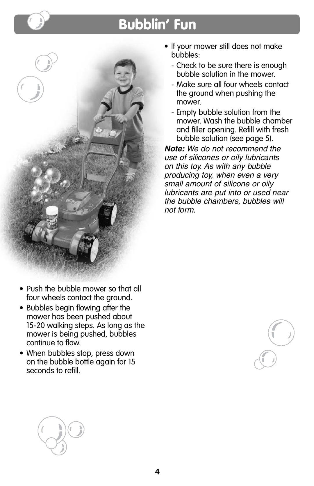 Fisher-Price H8910 instruction sheet If your mower still does not make bubbles 