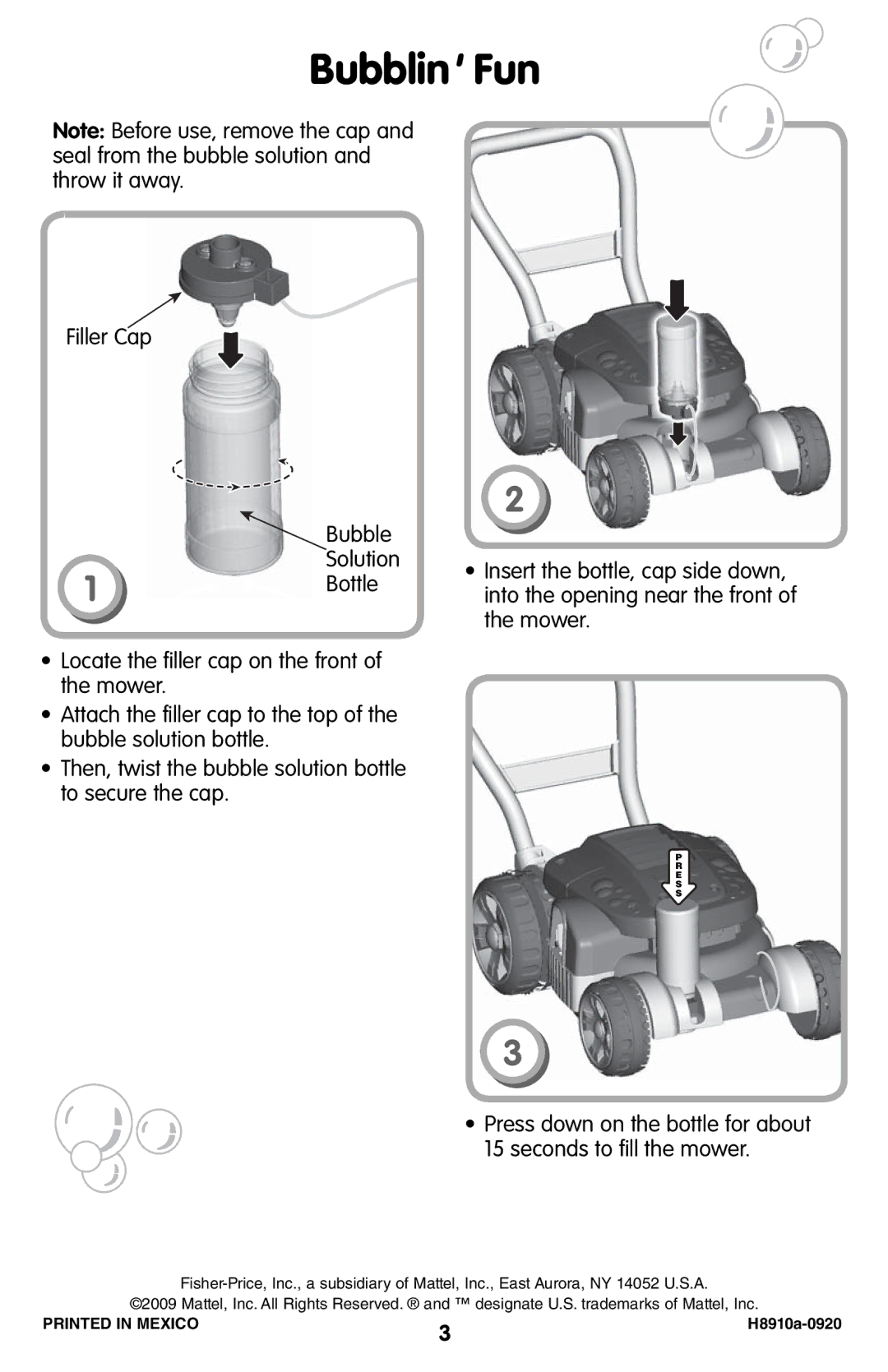 Fisher-Price H8910 instruction sheet Bubblin Fun 