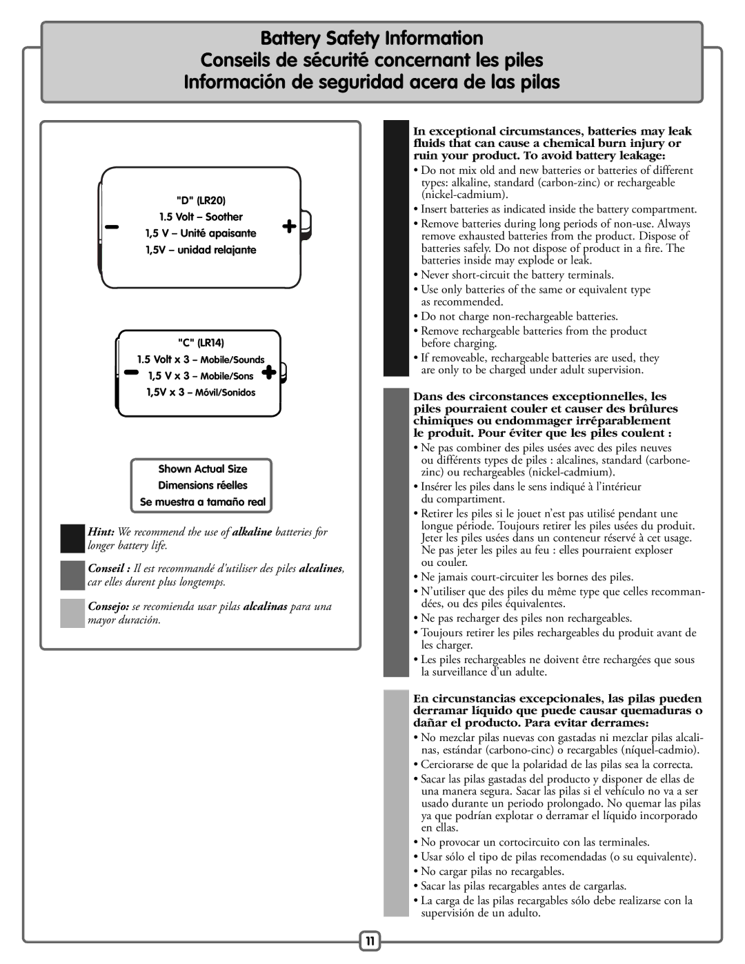 Fisher-Price H9479 manual Battery Safety Information 