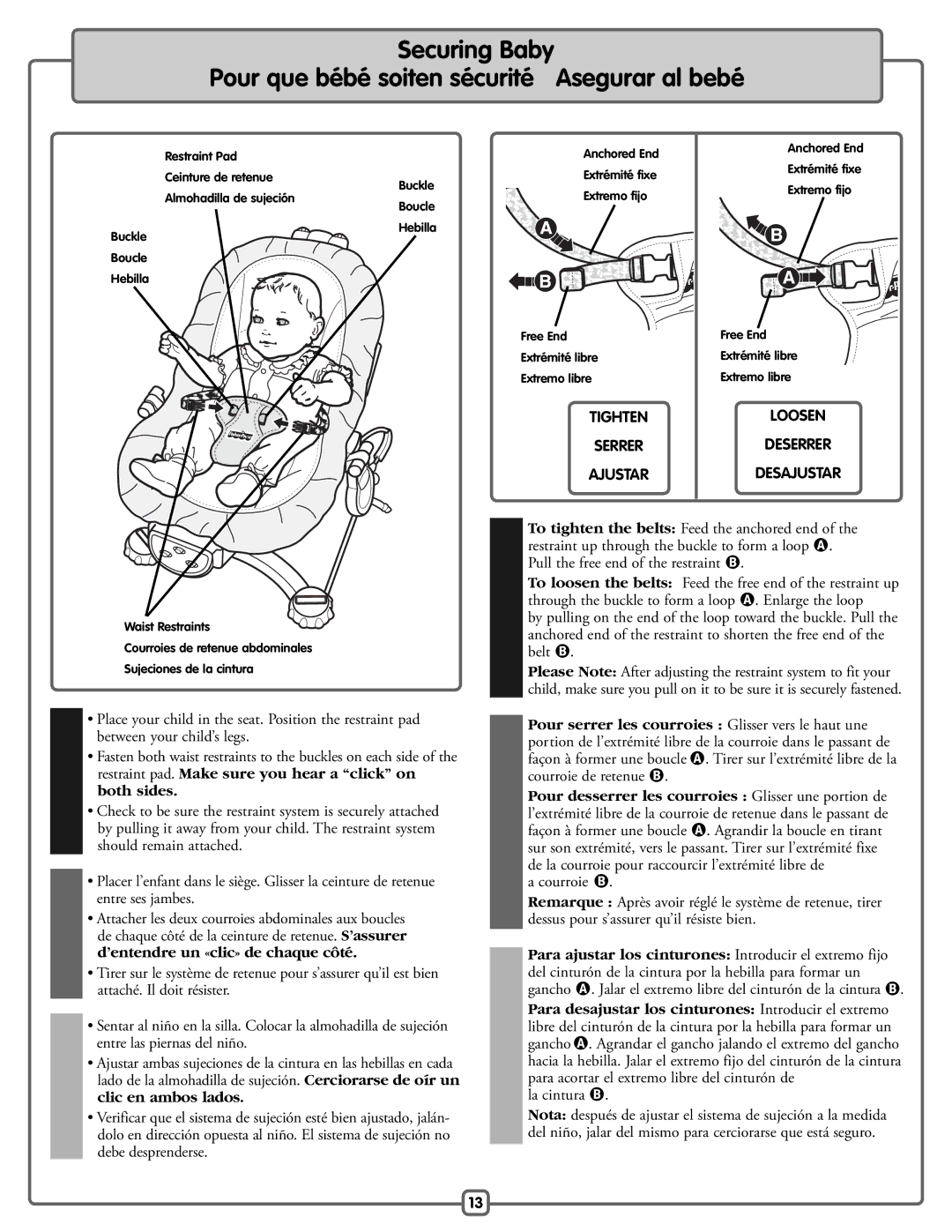 Fisher-Price H9479 manual Securing Baby Pour que bébé soiten sécurité Asegurar al bebé 