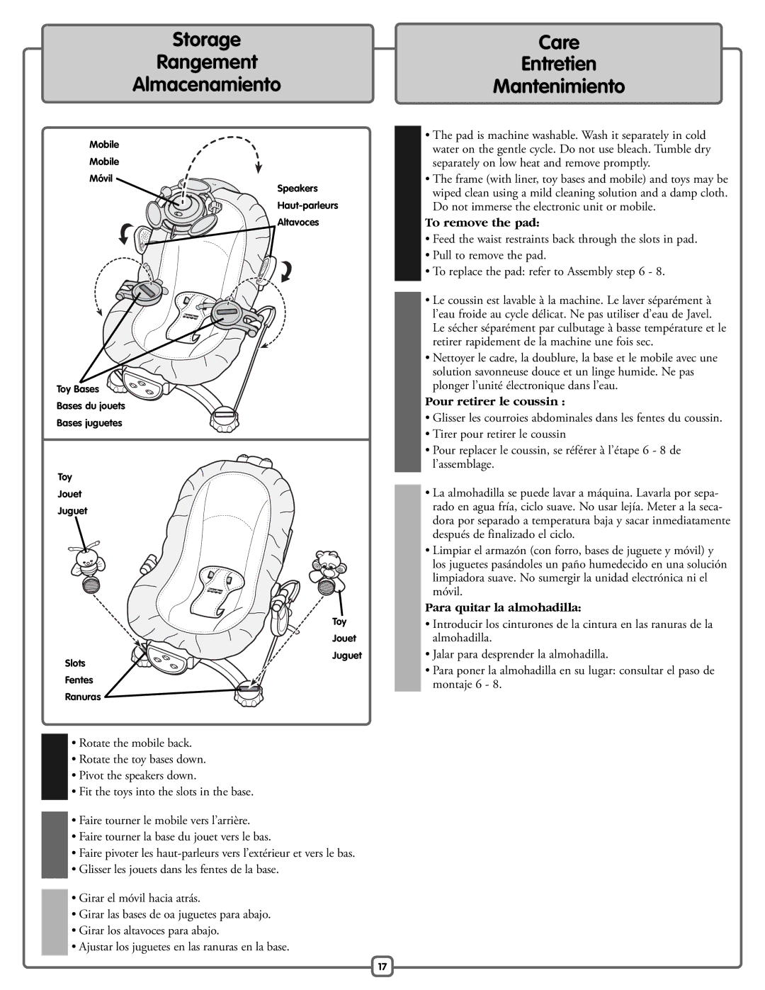 Fisher-Price H9479 manual Storage Rangement Almacenamiento, Care Entretien Mantenimiento 