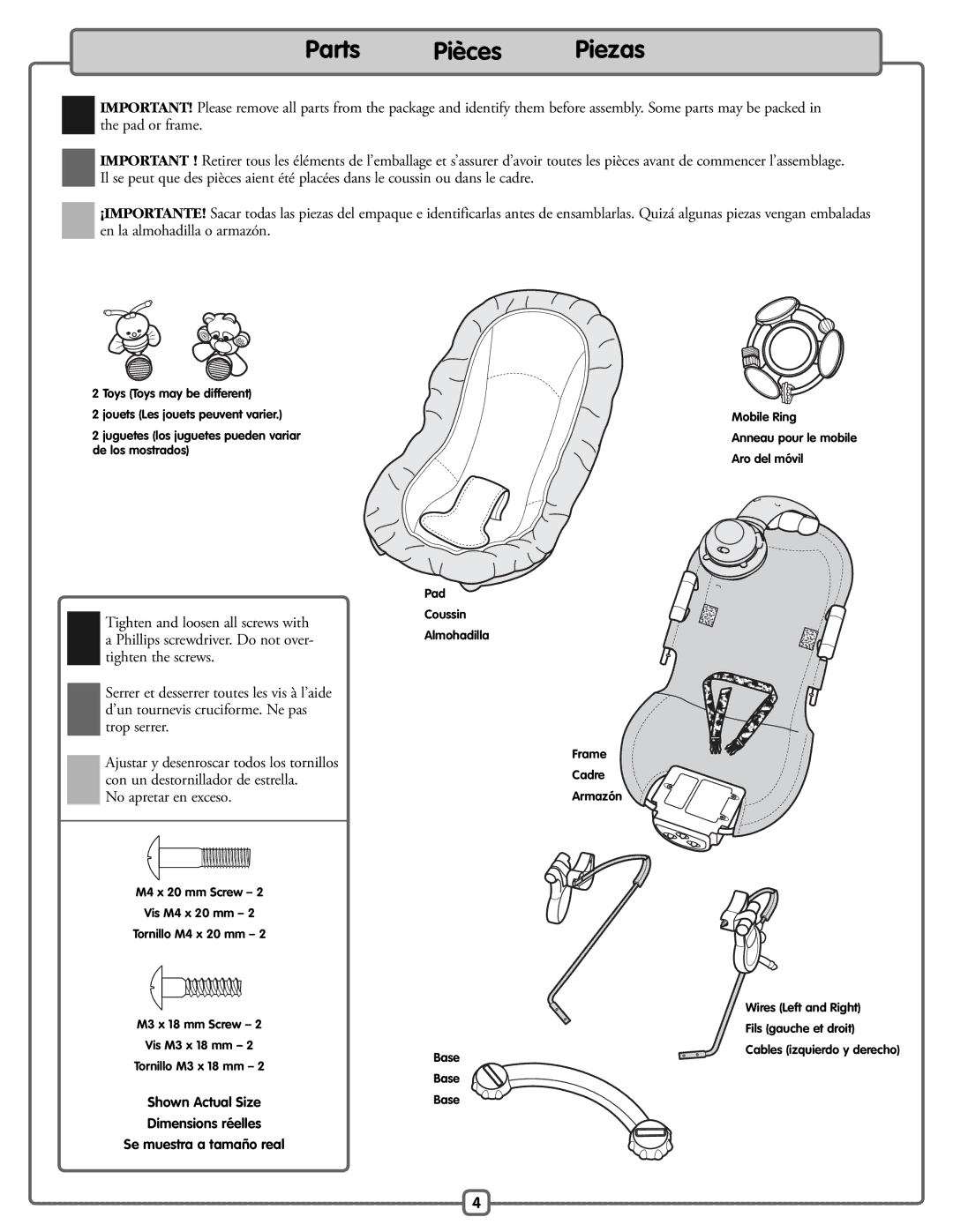 Fisher-Price H9479 manual Parts Pièces Piezas, No apretar en exceso 