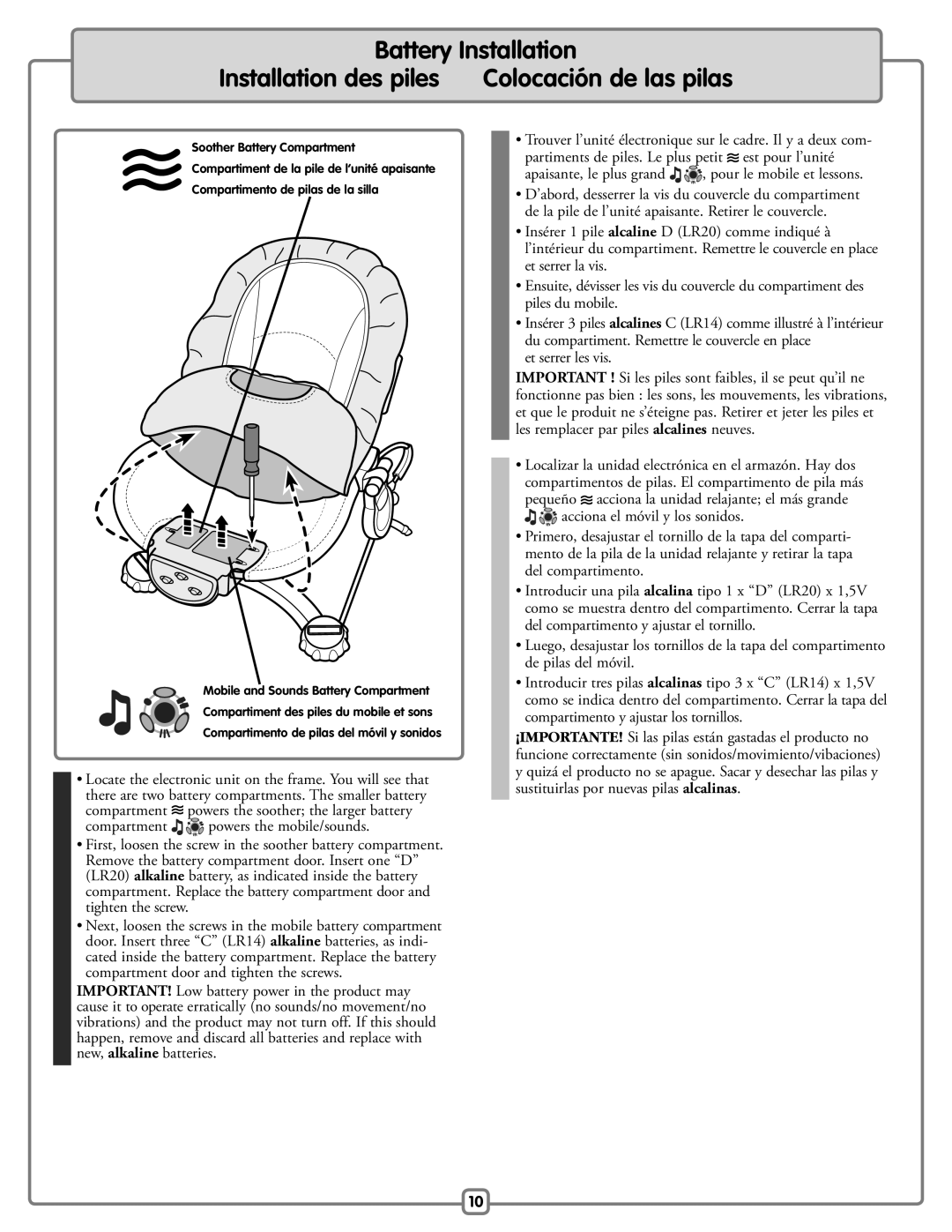 Fisher-Price H9479 manual Battery Installation Installation des piles, Apaisante, le plus grand , pour le mobile et lessons 