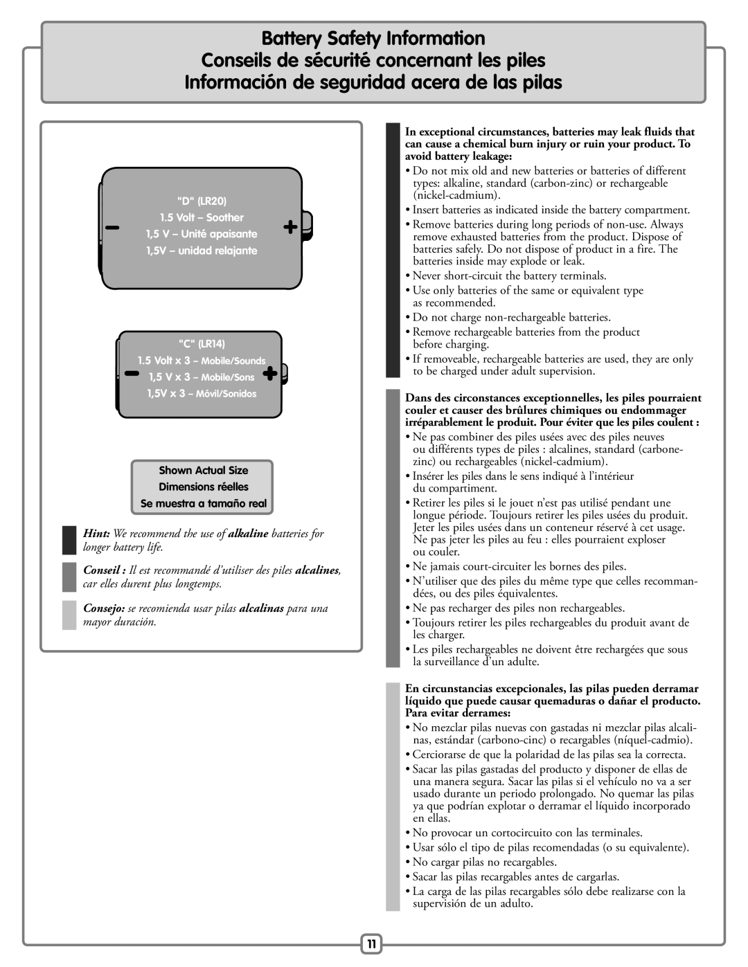 Fisher-Price H9479 manual Battery Safety Information, LR20 Volt Soother Unité apaisante 5V unidad relajante LR14 