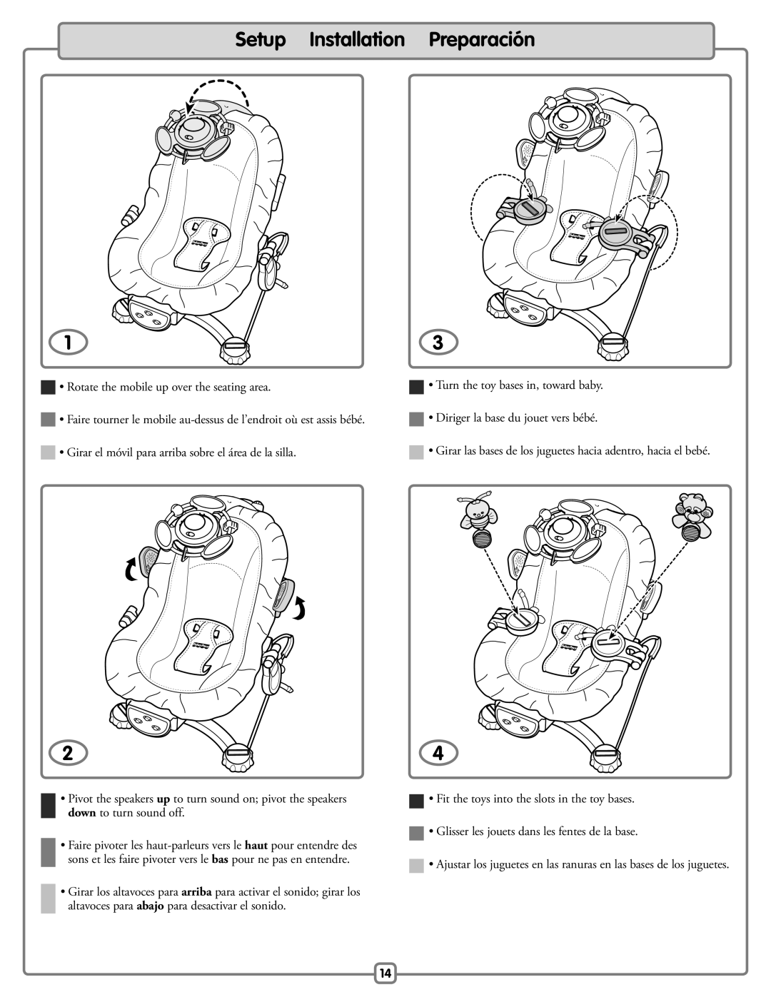 Fisher-Price H9479 manual Setup Installation Preparación, Rotate the mobile up over the seating area 