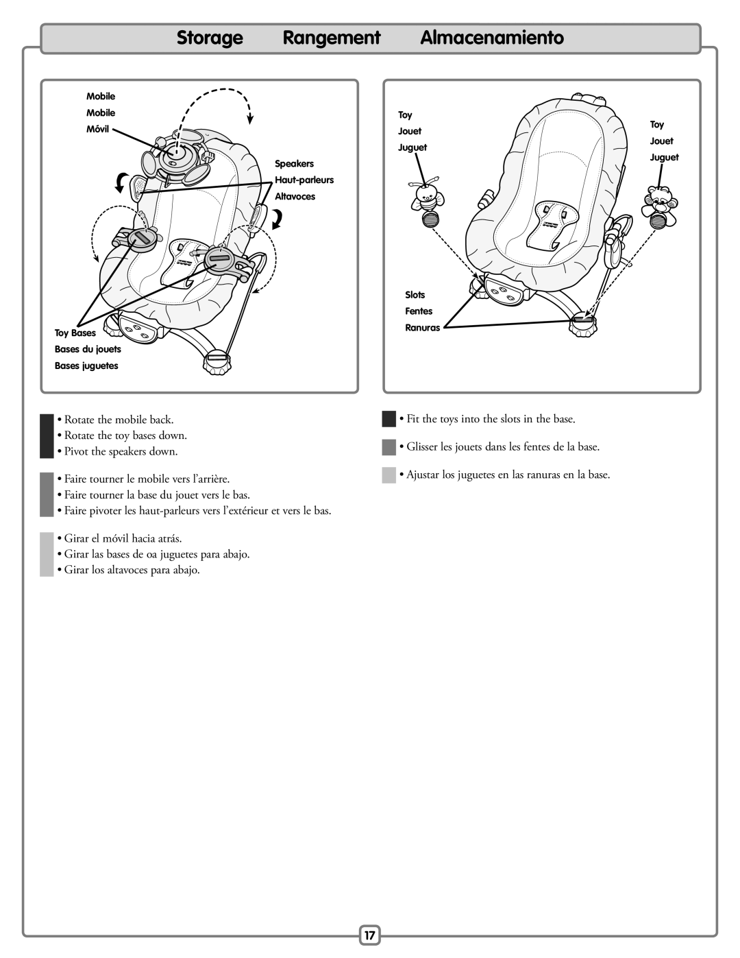 Fisher-Price H9479 manual Storage Rangement, Almacenamiento 