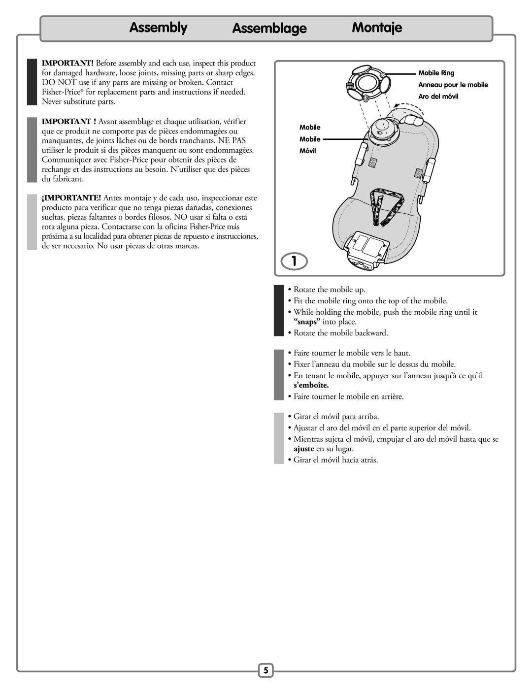 Fisher-Price H9479 manual Assembly Assemblage Montaje 