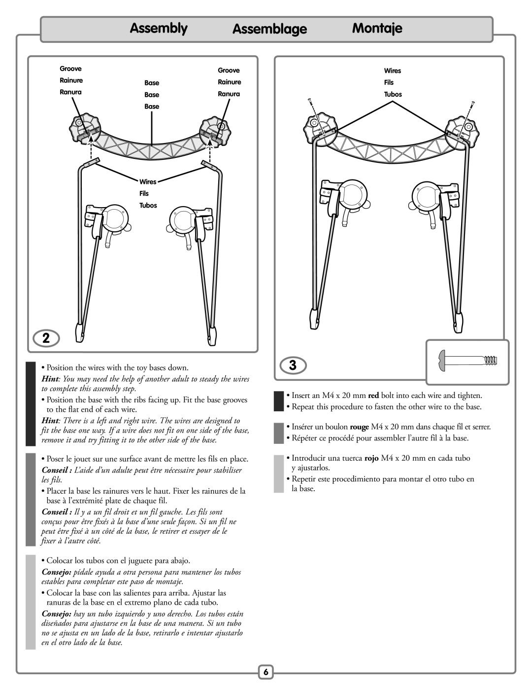 Fisher-Price H9479 manual Assembly, Montaje, Position the wires with the toy bases down 