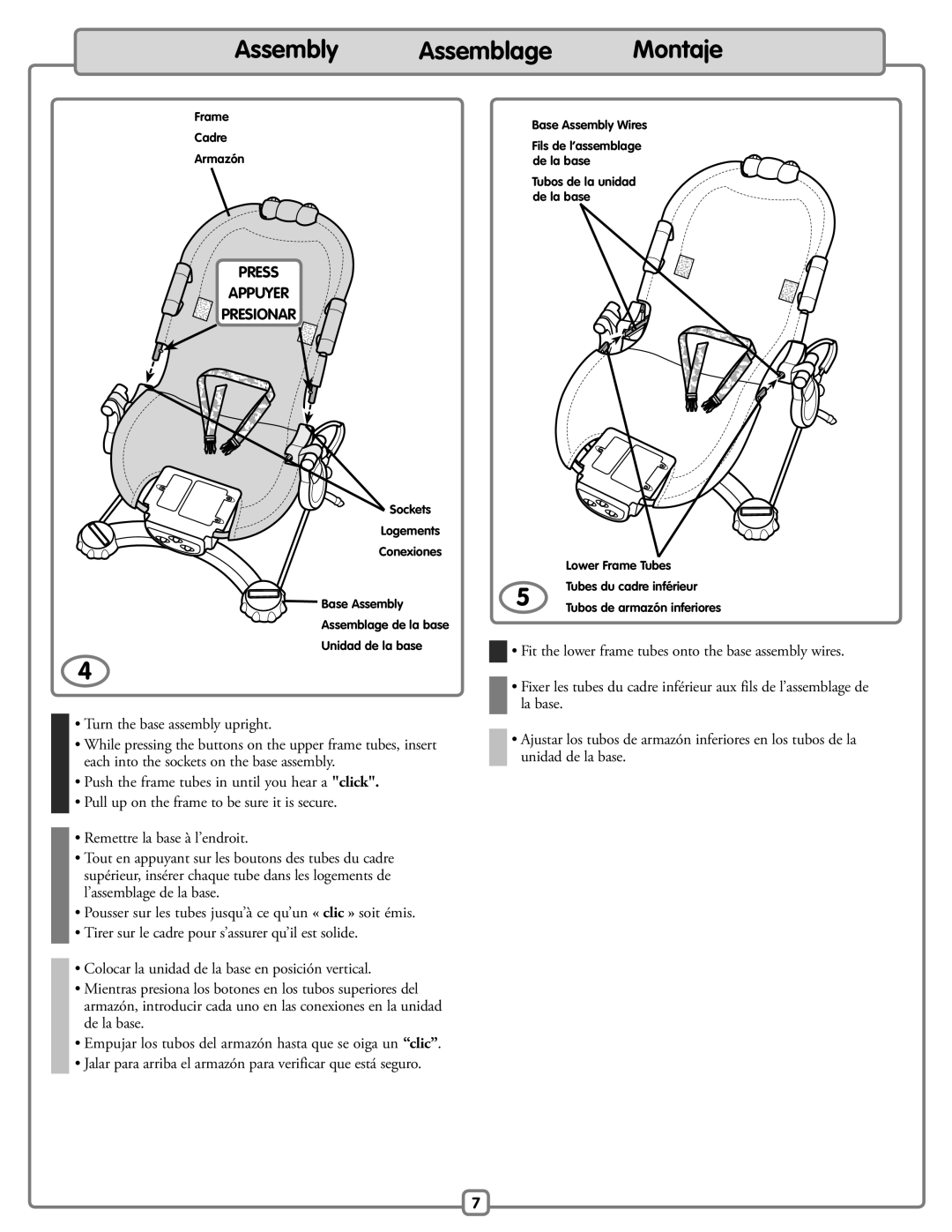 Fisher-Price H9479 manual Turn the base assembly upright, Jalar para arriba el armazón para verificar que está seguro 