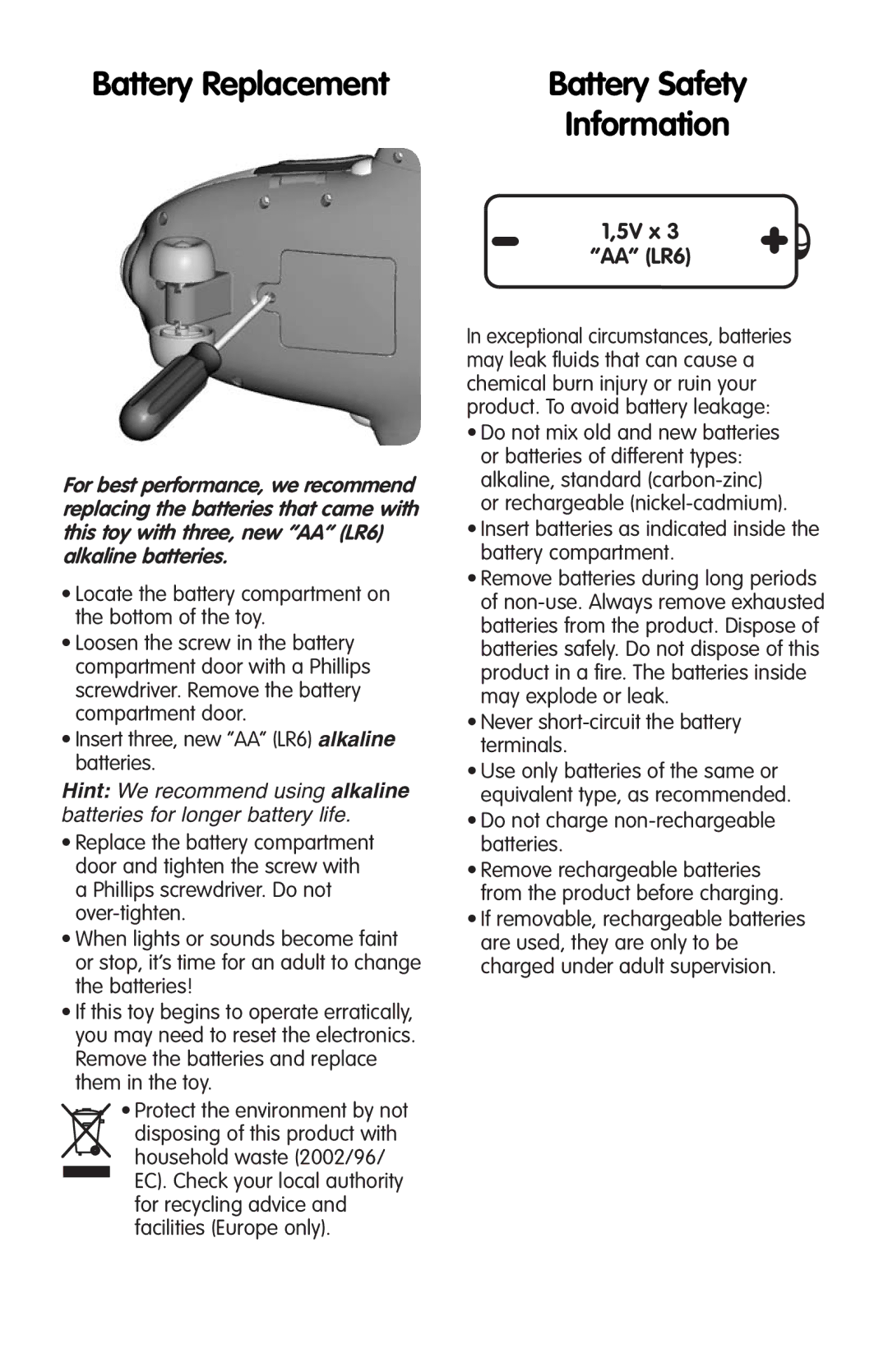 Fisher-Price J0001 instruction sheet Battery Replacement, Battery Safety, Information, 5V x AA LR6 