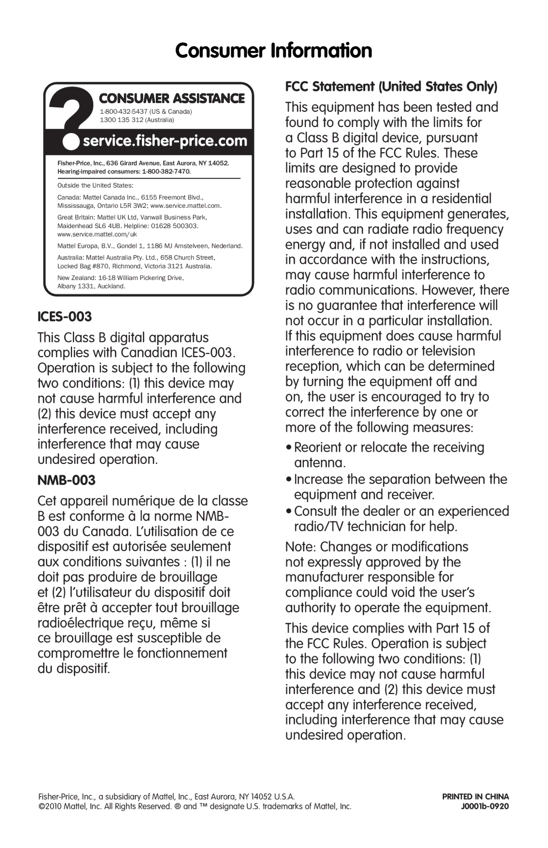 Fisher-Price J0001 instruction sheet Consumer Information, ICES-003, NMB-003, FCC Statement United States Only 